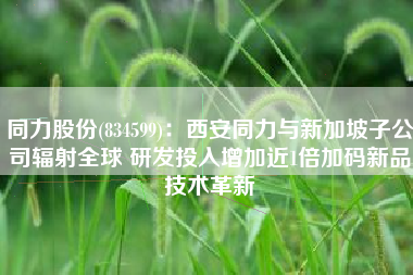同力股份(834599)：西安同力与新加坡子公司辐射全球 研发投入增加近1倍加码新品技术革新